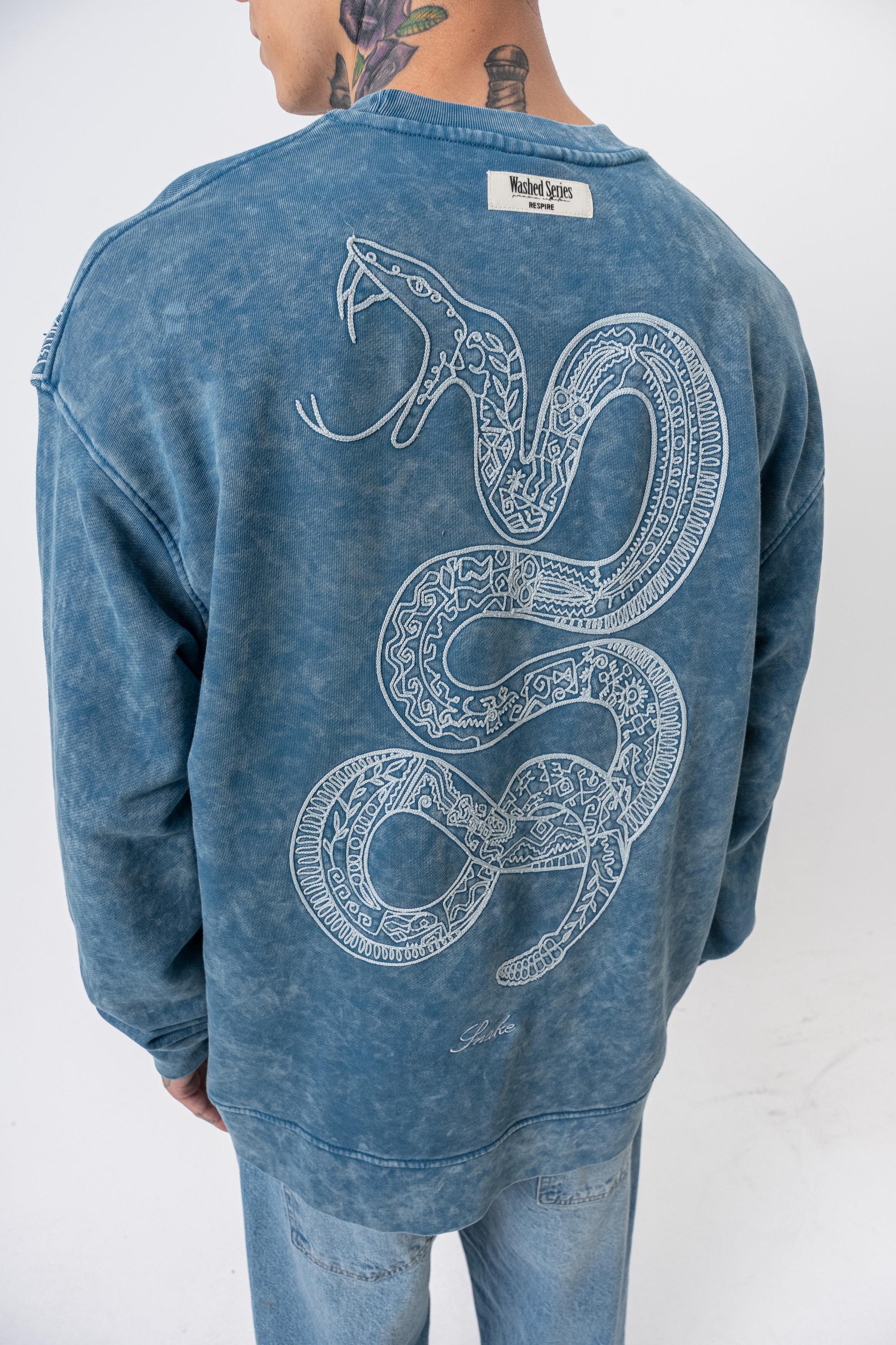 Snake Nakışlı Yıkamalı Bisiklet Yaka Oversize Sweatshirt - Petrol - 3
