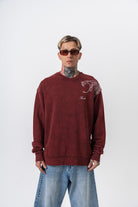 Snake Nakışlı Yıkamalı Bisiklet Yaka Oversize Sweatshirt - Bordo - 0