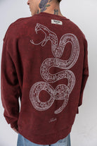Snake Nakışlı Yıkamalı Bisiklet Yaka Oversize Sweatshirt - Bordo - 3