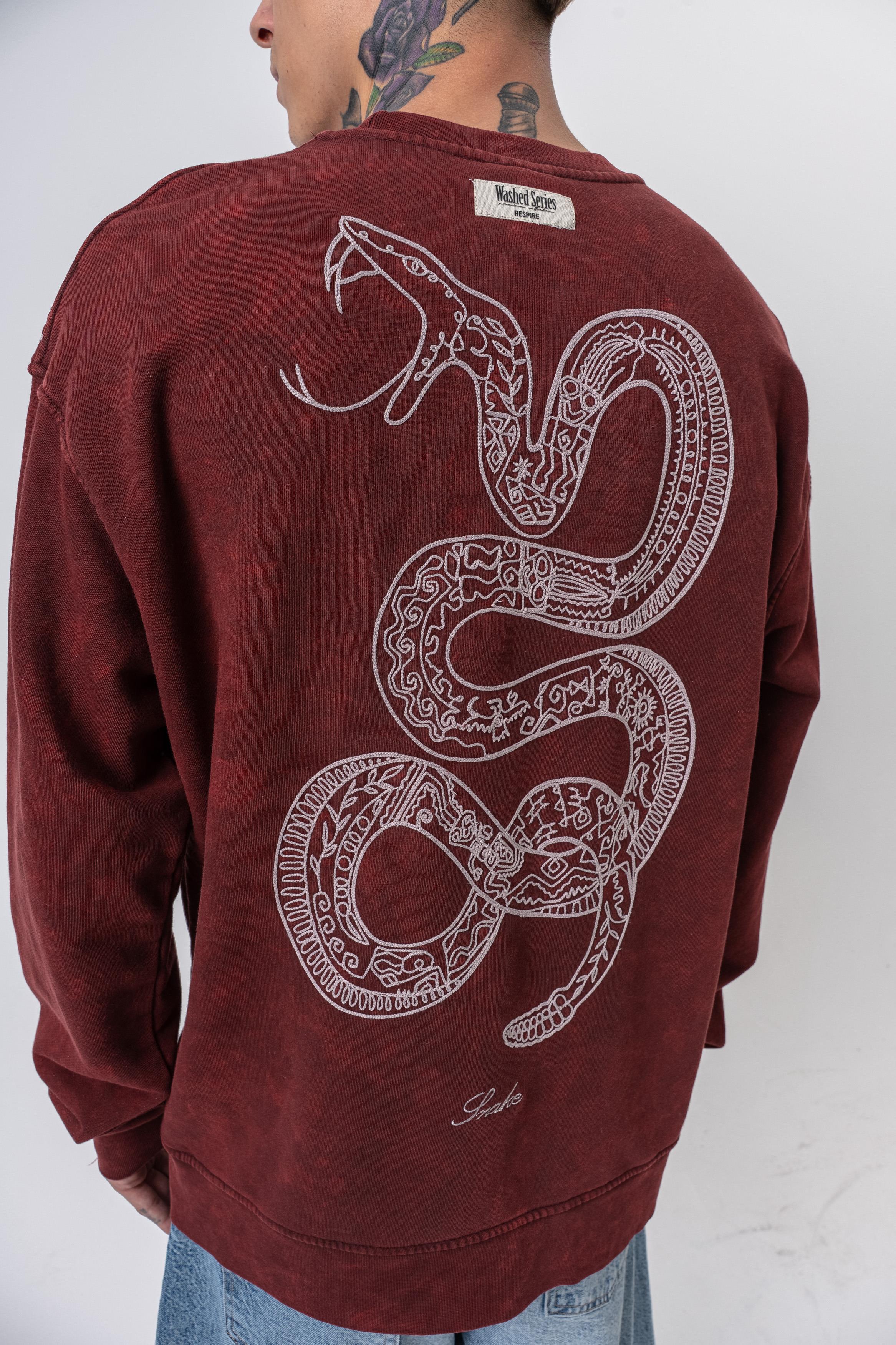 Snake Nakışlı Yıkamalı Bisiklet Yaka Oversize Sweatshirt - Bordo - 3