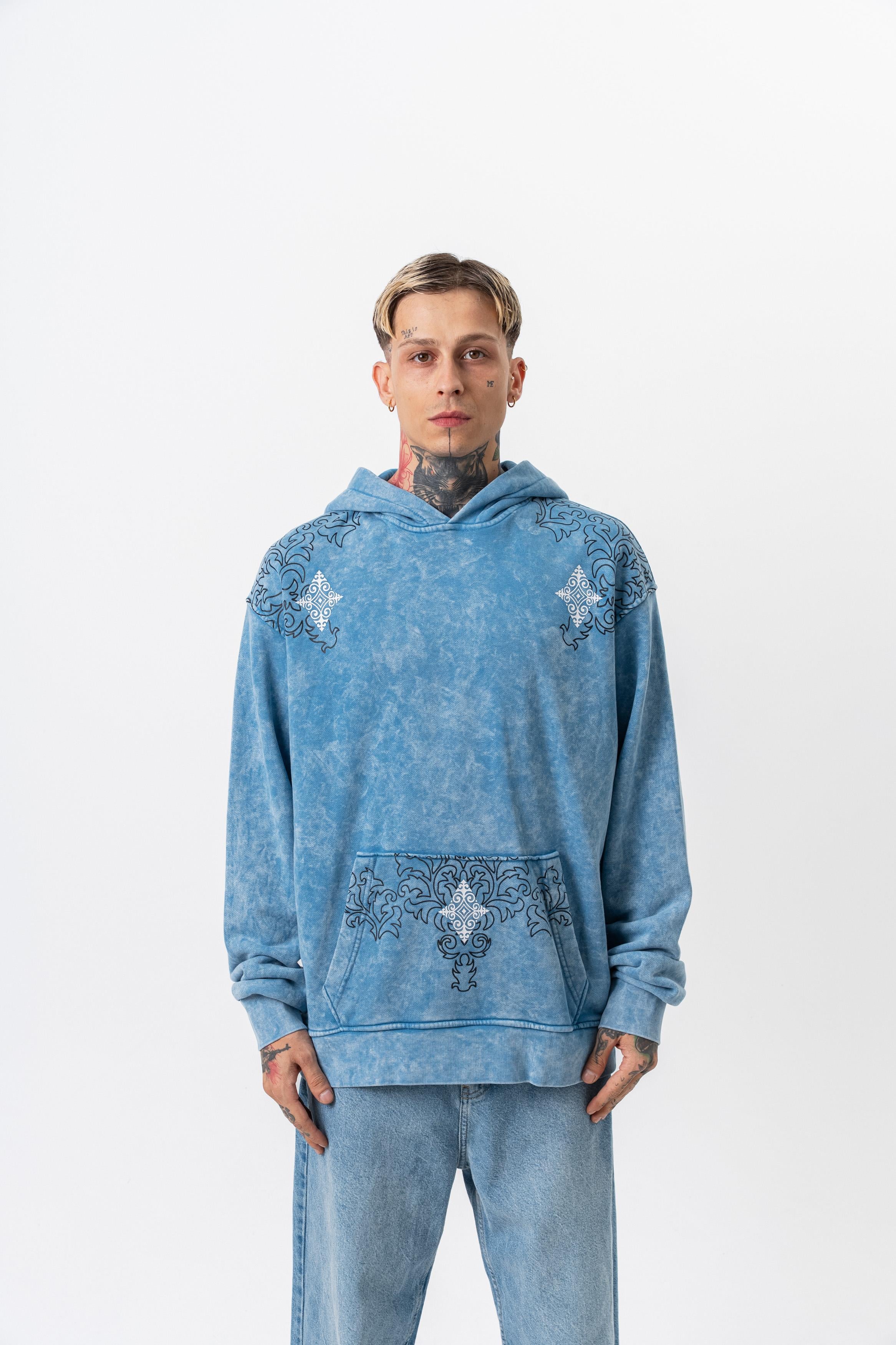 10 Baskılı Yıkamalı Kapüşonlu Oversize Hoodie - Mavi - 0