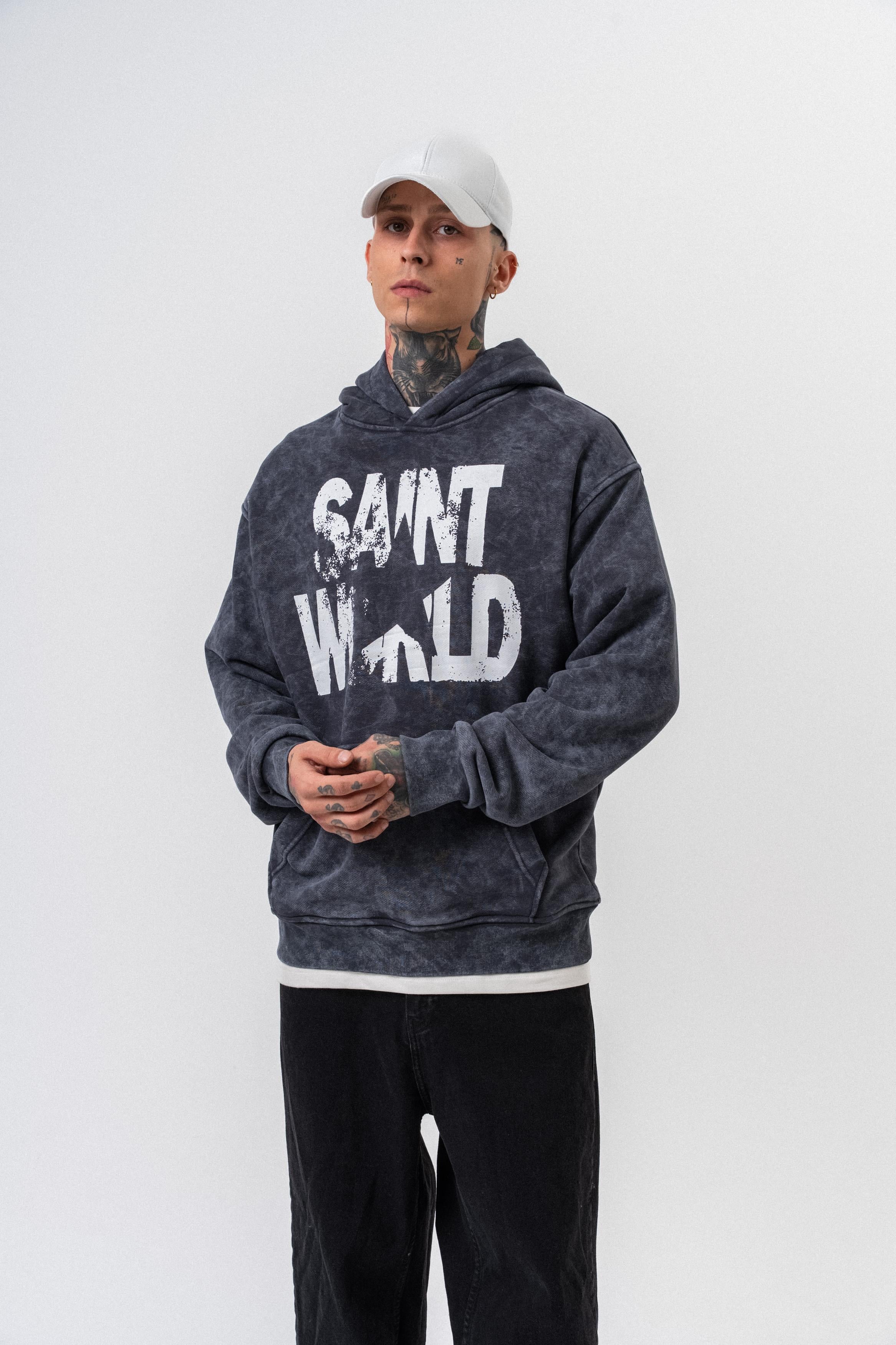Erkek Star Baskılı Yıkamalı Kapüşonlu Oversize Hoodie Siyah - 0