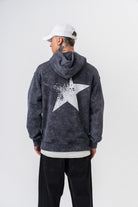 Erkek Star Baskılı Yıkamalı Kapüşonlu Oversize Hoodie Siyah - 1