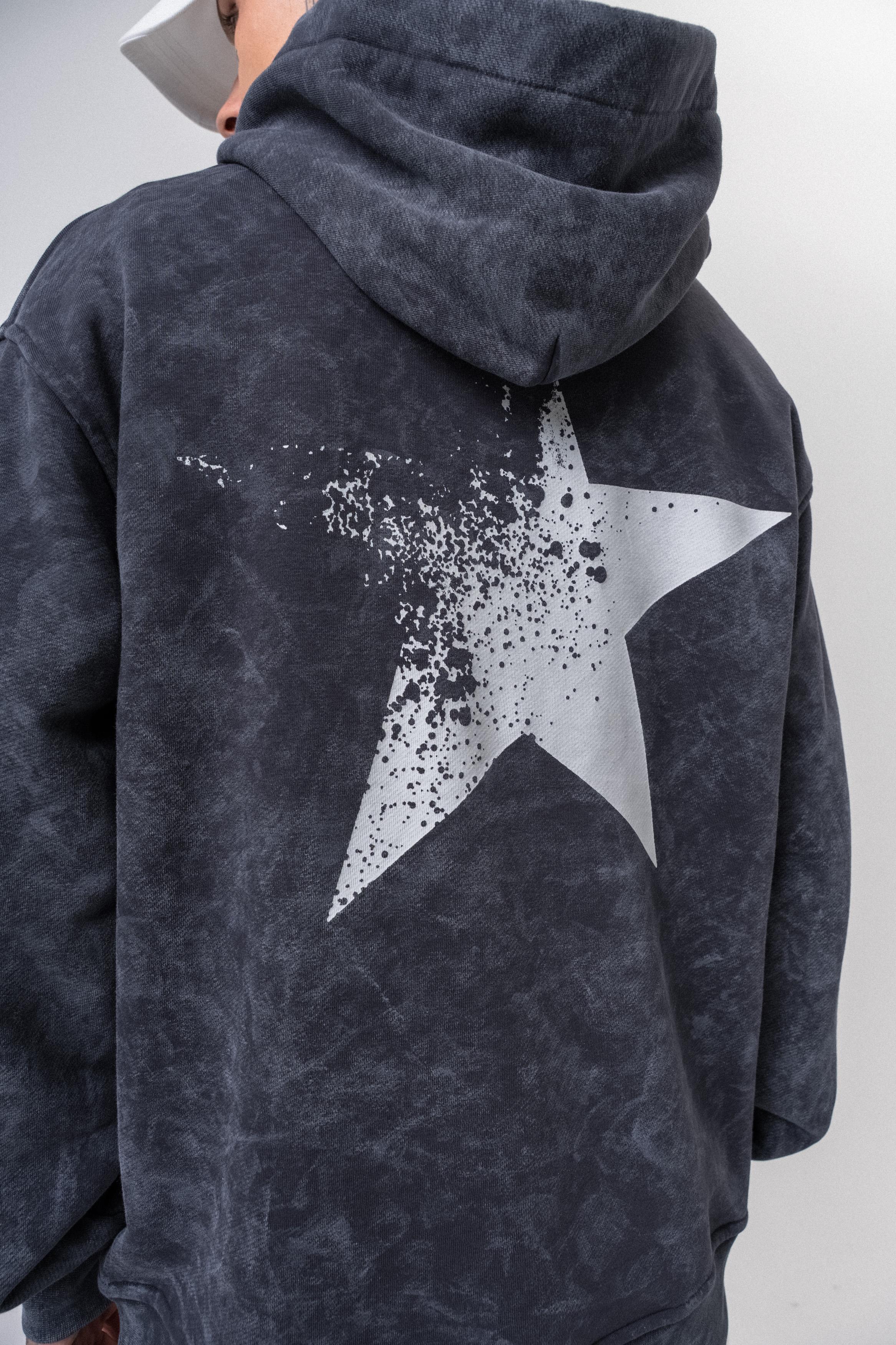 Erkek Star Baskılı Yıkamalı Kapüşonlu Oversize Hoodie Siyah - 4