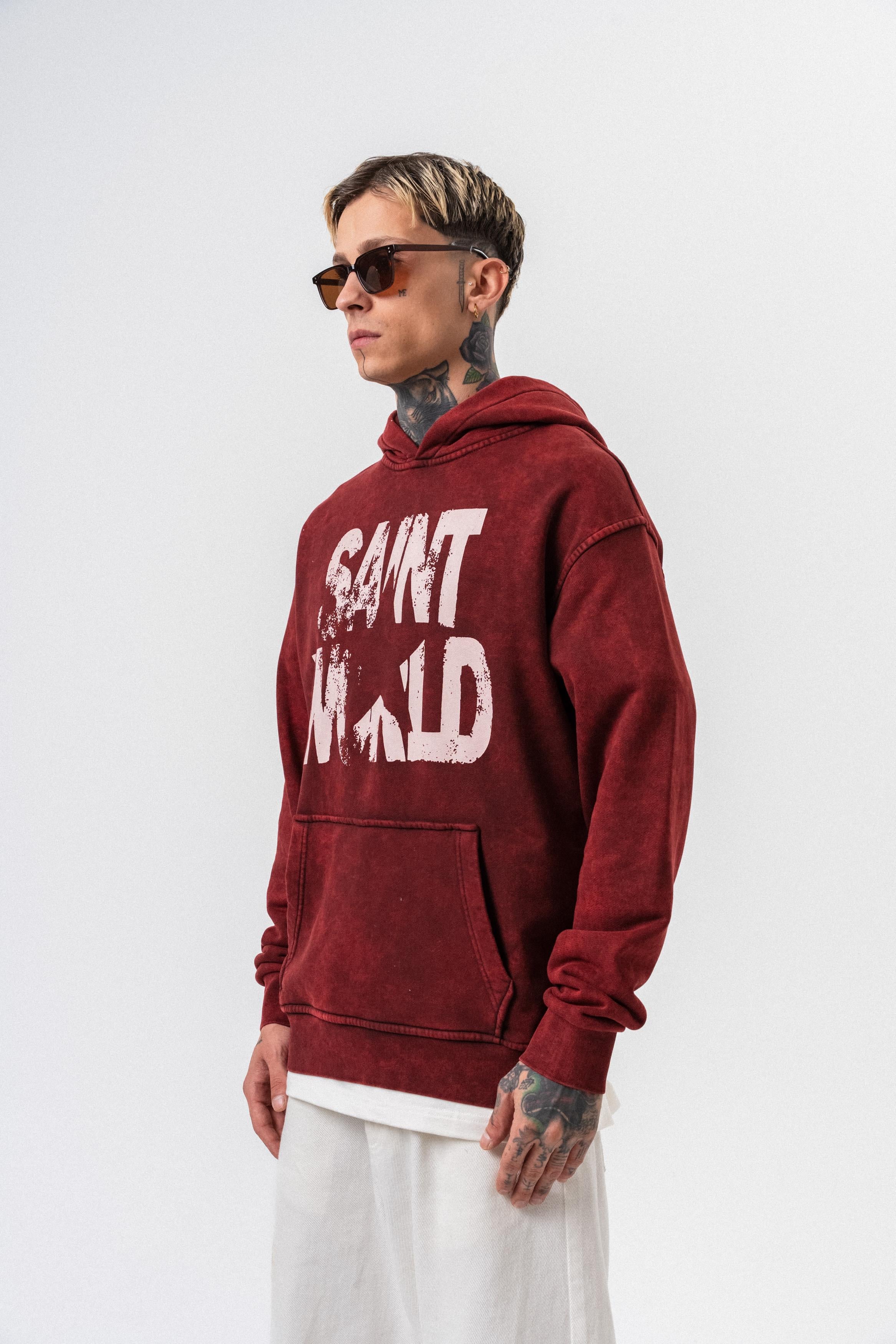 Erkek Star Baskılı Yıkamalı Kapüşonlu Oversize Hoodie Bordo - 2