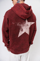 Erkek Star Baskılı Yıkamalı Kapüşonlu Oversize Hoodie Bordo - 3