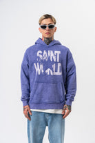 Erkek Star Baskılı Yıkamalı Kapüşonlu Oversize Hoodie Mor - 0