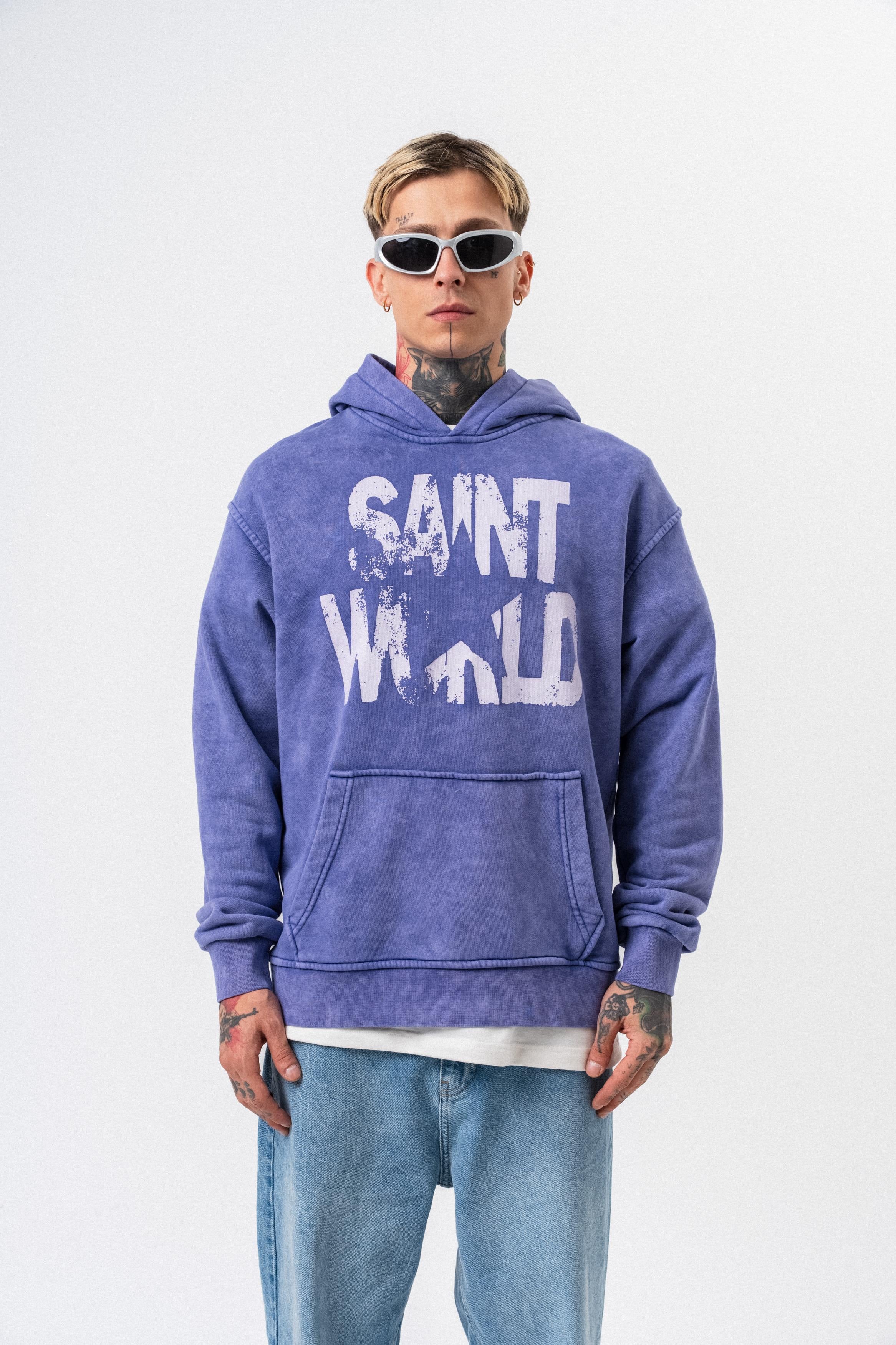 Erkek Star Baskılı Yıkamalı Kapüşonlu Oversize Hoodie Mor - 0