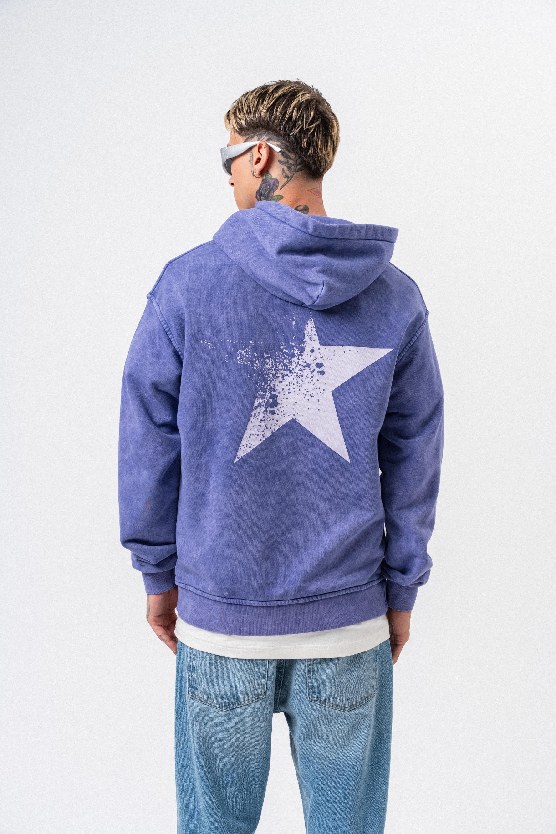 Erkek Star Baskılı Yıkamalı Kapüşonlu Oversize Hoodie Mor - 1