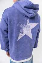 Erkek Star Baskılı Yıkamalı Kapüşonlu Oversize Hoodie Mor - 4