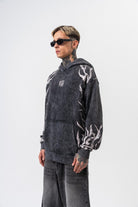 Erkek War Baskılı Yıkamalı Kapüşonlu Oversize Hoodie Siyah - 2