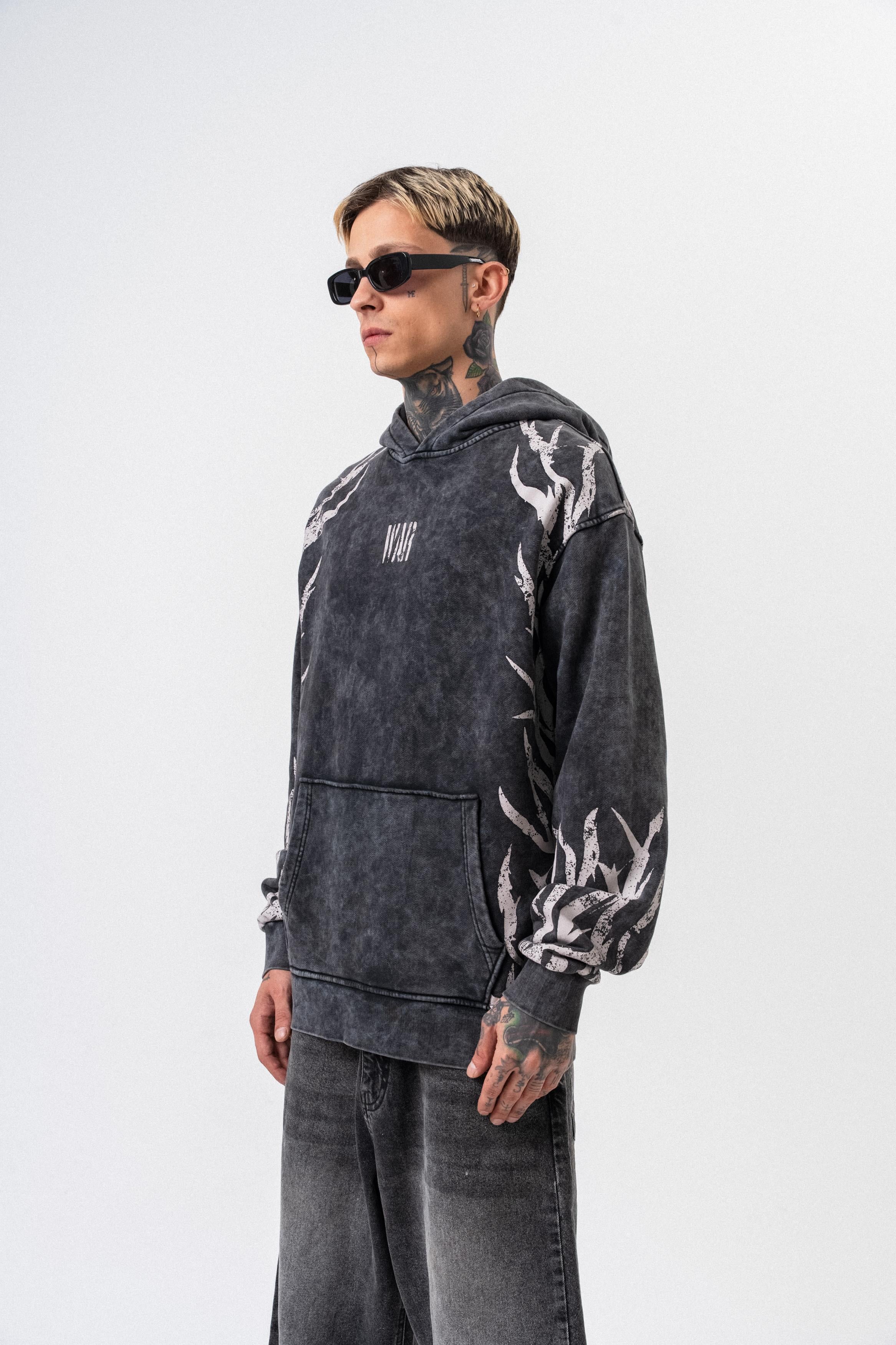 Erkek War Baskılı Yıkamalı Kapüşonlu Oversize Hoodie Siyah - 2