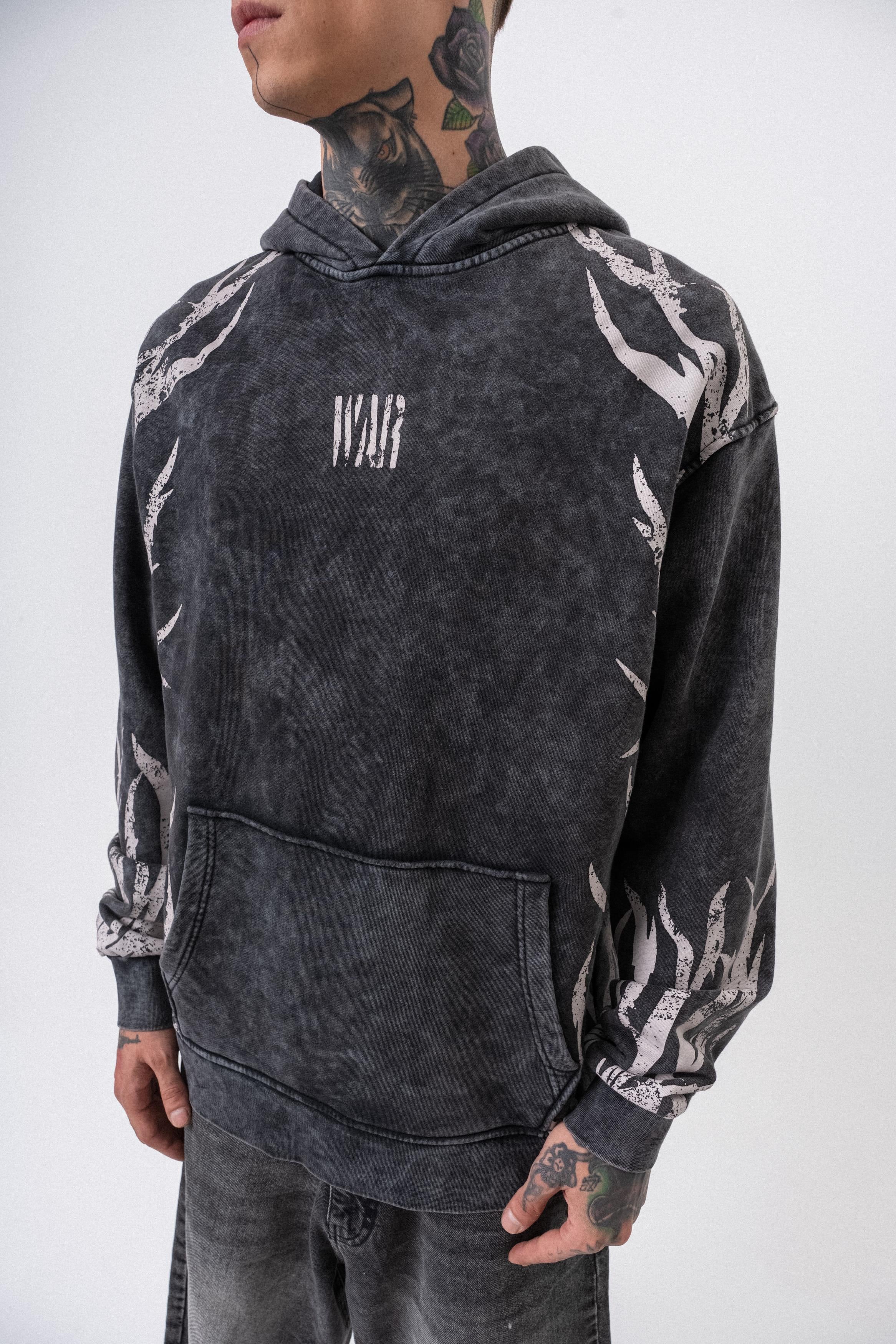Erkek War Baskılı Yıkamalı Kapüşonlu Oversize Hoodie Siyah - 4
