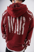 Erkek War Baskılı Yıkamalı Kapüşonlu Oversize Hoodie Bordo - 4