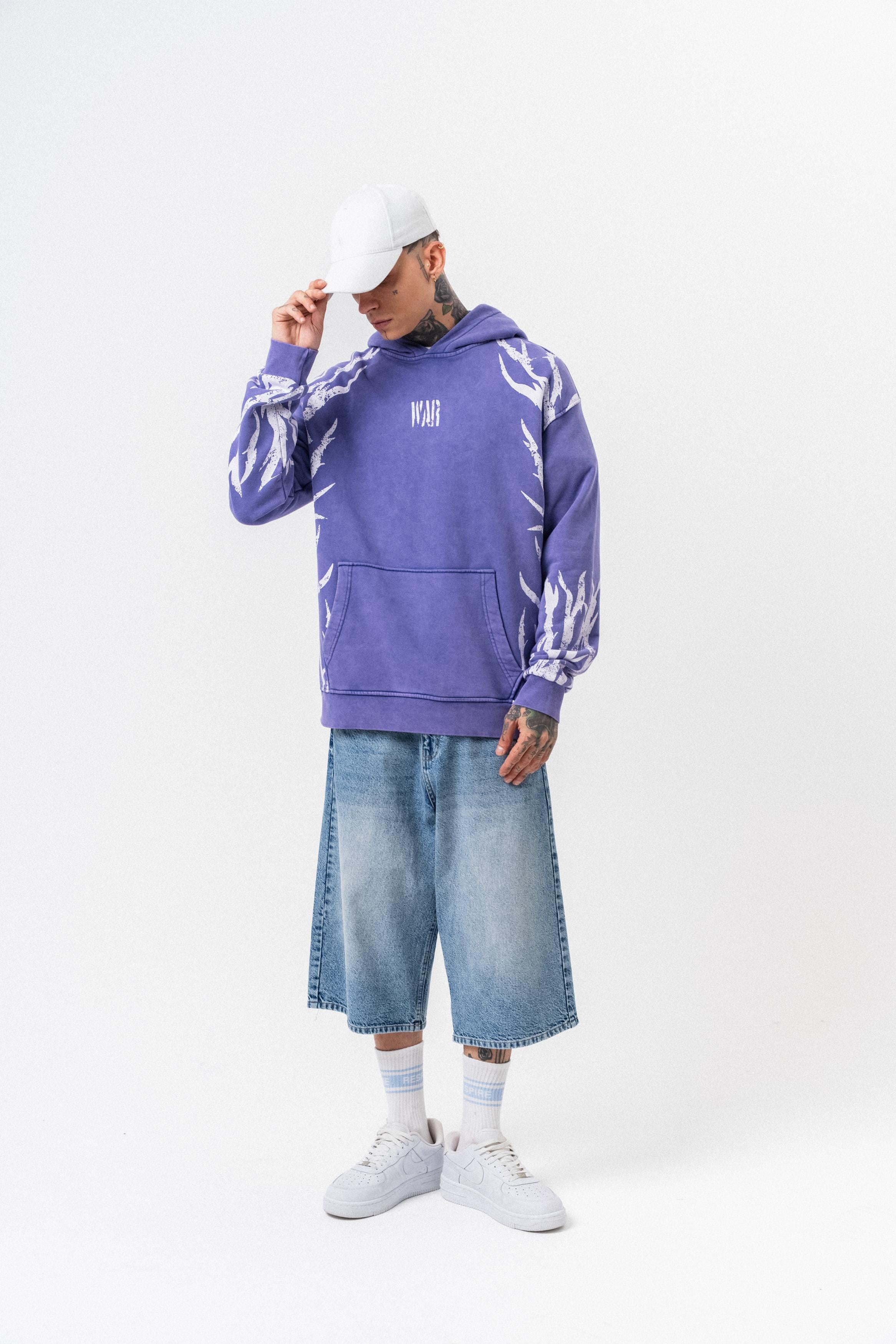 Erkek War Baskılı Yıkamalı Kapüşonlu Oversize Hoodie Mor - 3