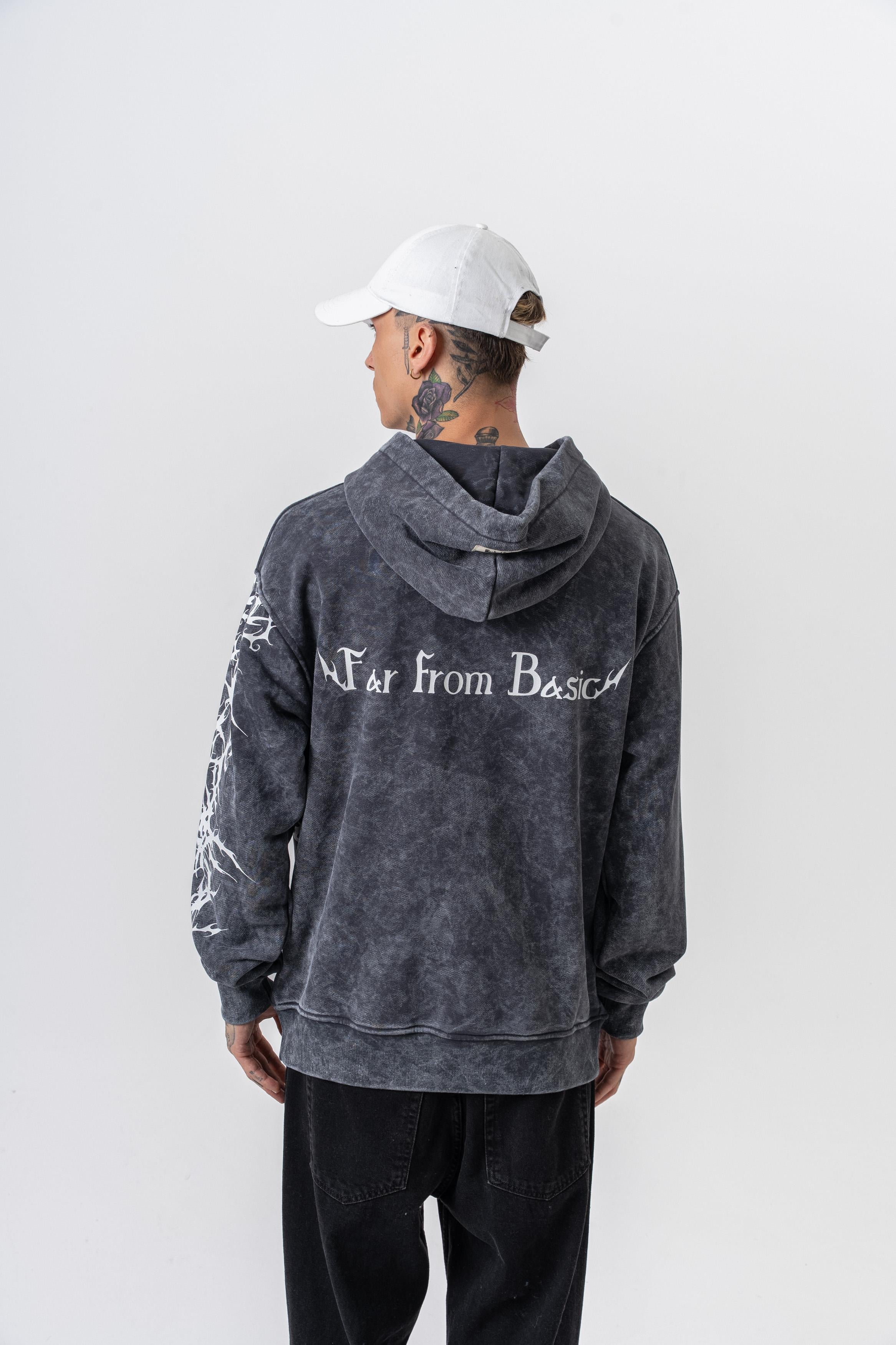 Erkek Far From Basic Baskılı Yıkamalı Kapüşonlu Oversize Hoodie Siyah - 1