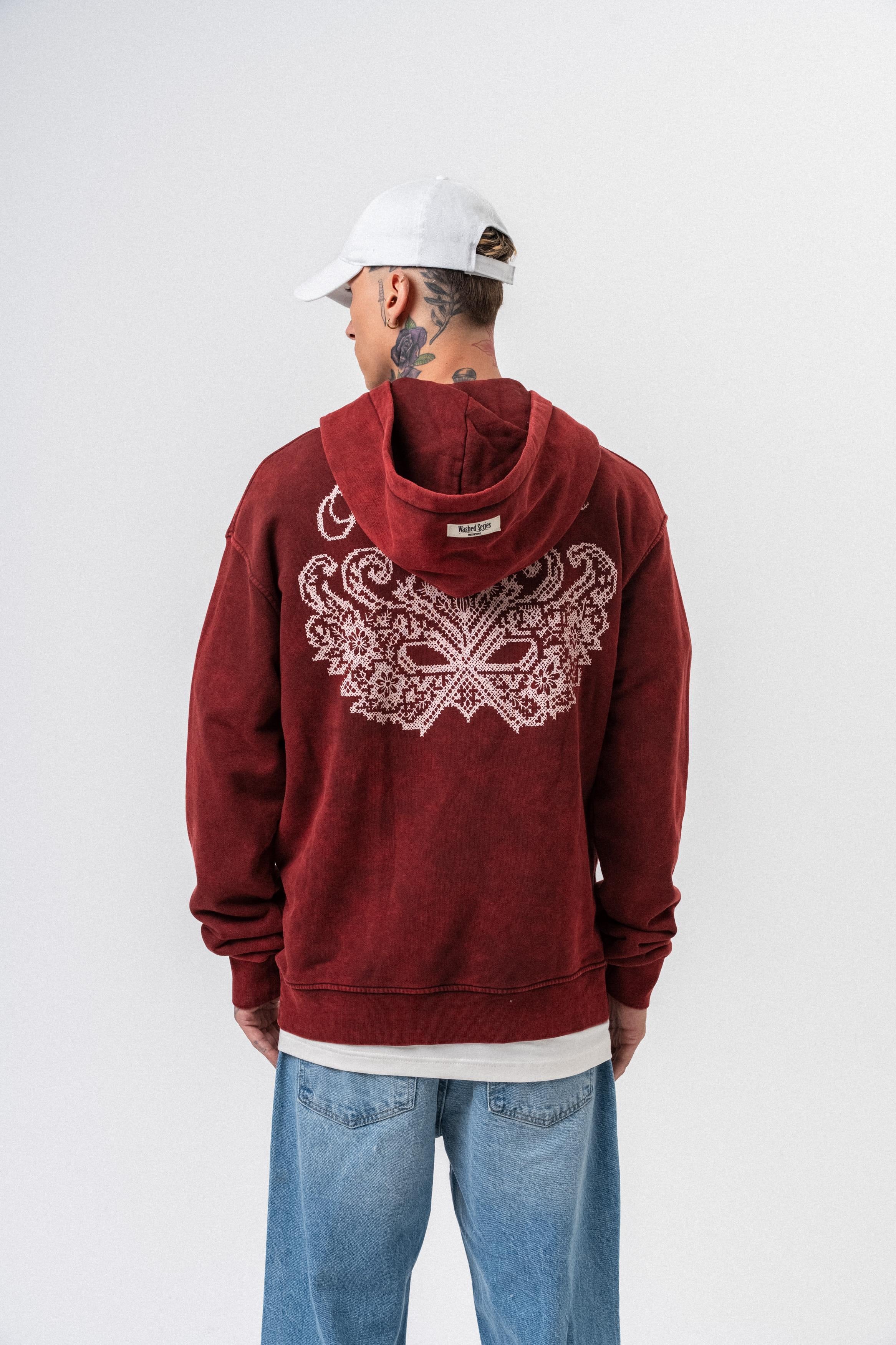 Erkek Mask Off Baskılı Yıkamalı Kapüşonlu Oversize Hoodie Bordo - 1