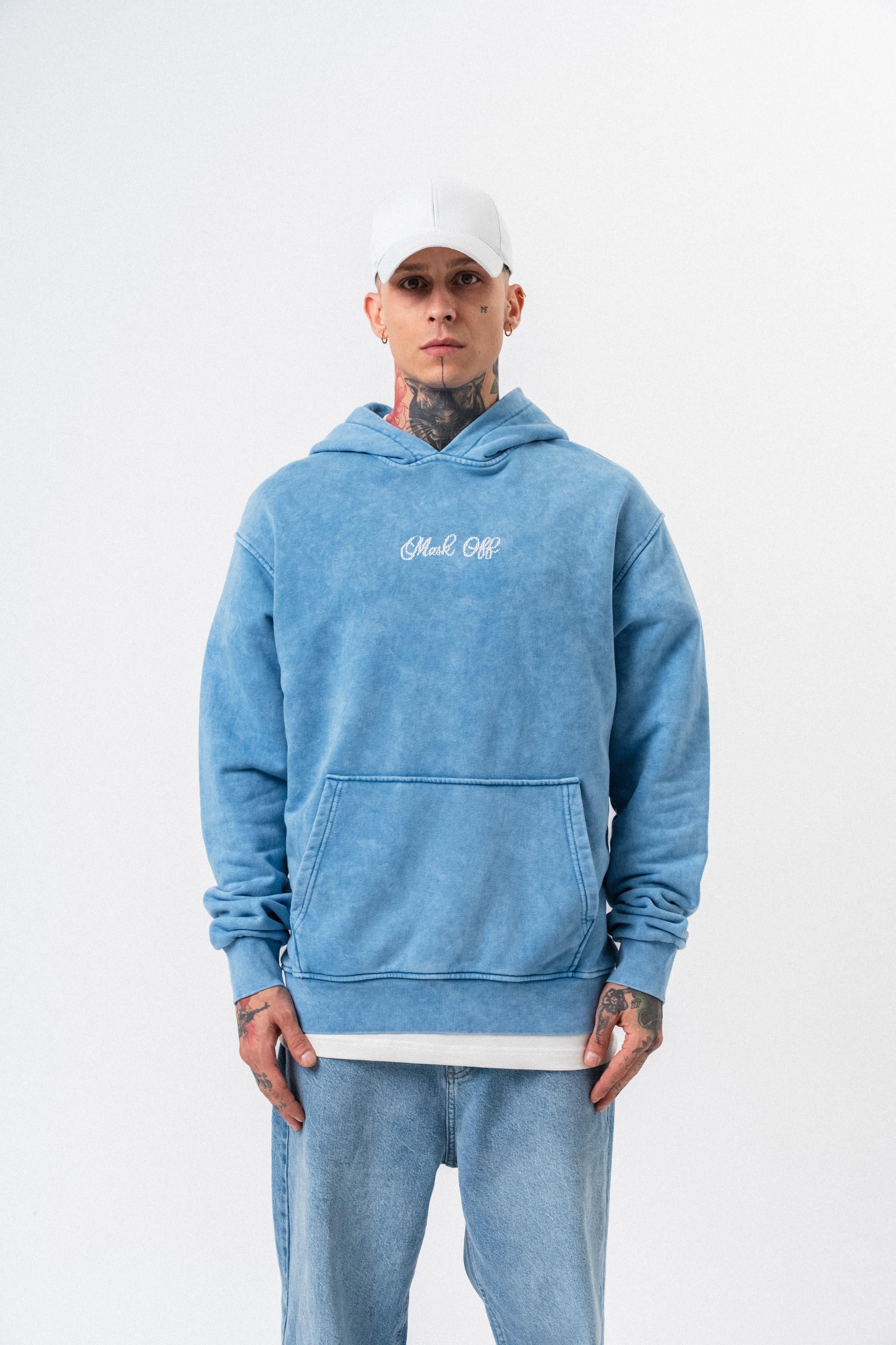 Erkek Mask Off Baskılı Yıkamalı Kapüşonlu Oversize Hoodie Mavi - 0