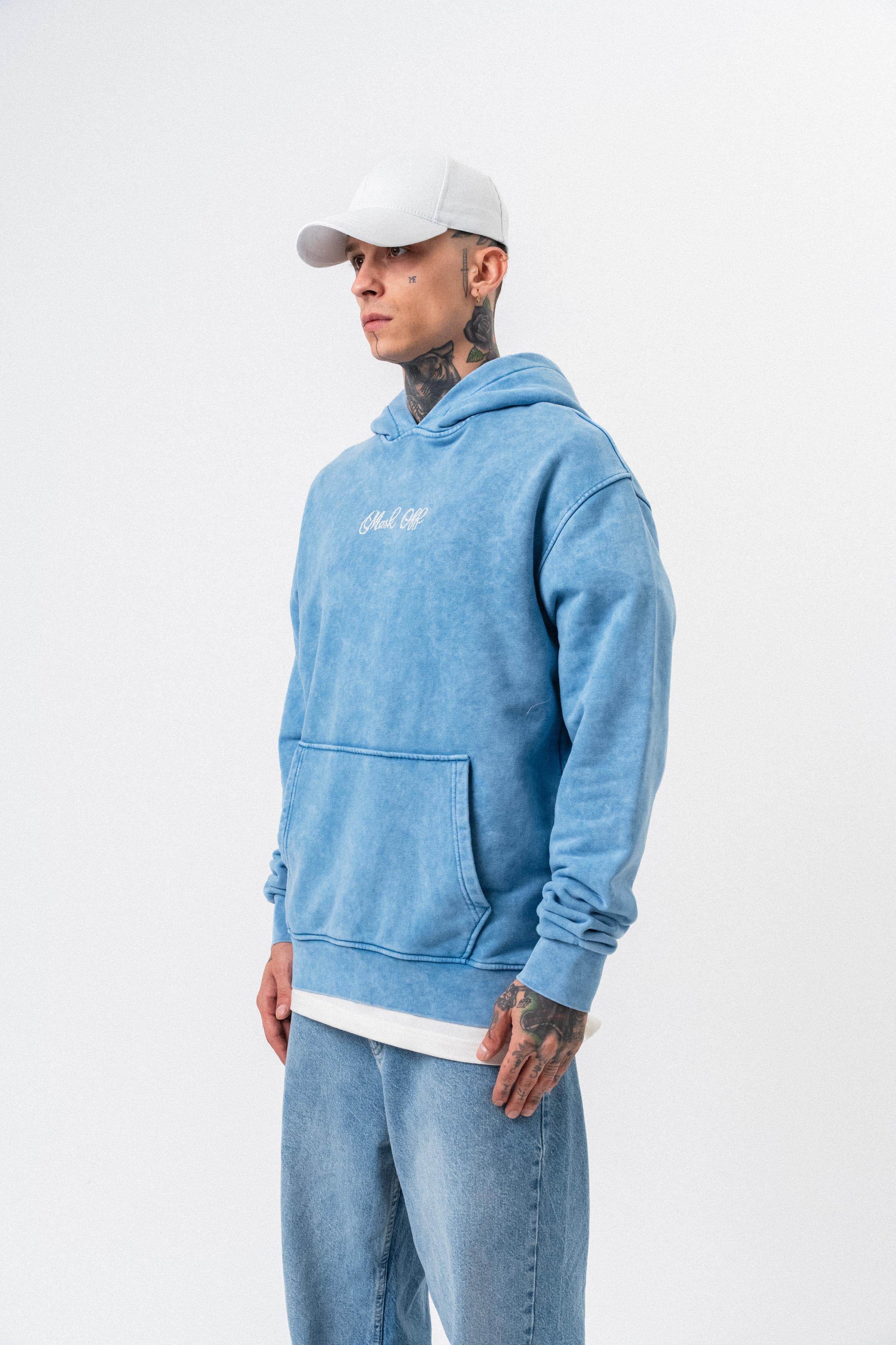 Erkek Mask Off Baskılı Yıkamalı Kapüşonlu Oversize Hoodie Mavi - 2