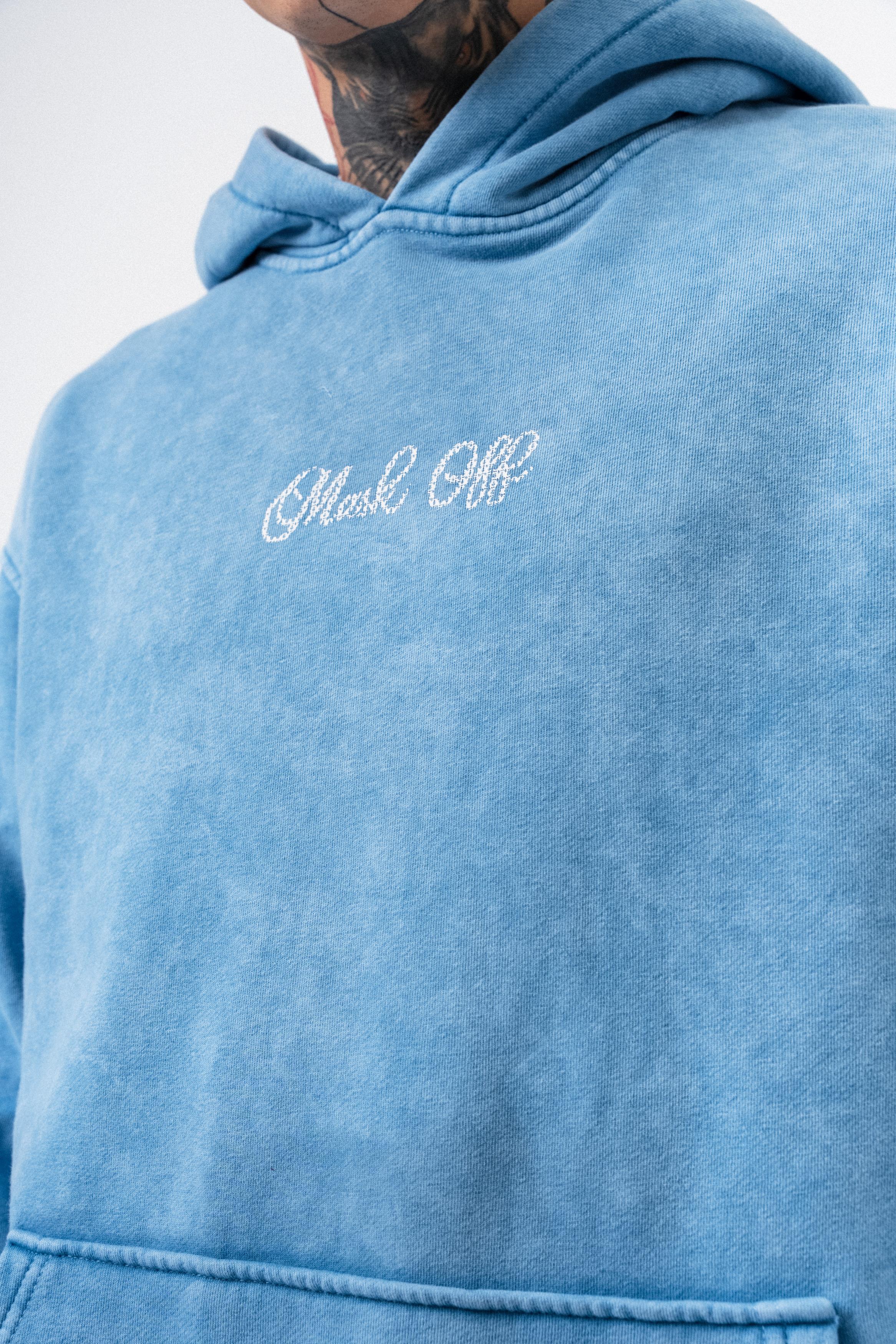 Erkek Mask Off Baskılı Yıkamalı Kapüşonlu Oversize Hoodie Mavi - 3
