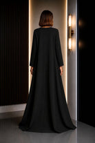 V-Yakalı & Astarlı Oversize Maxi Siyah Krep Abaya Elbise - 1