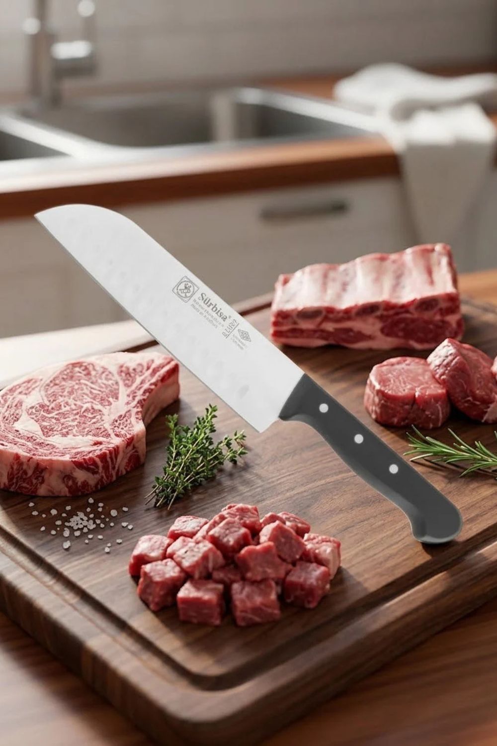 Sürmene Şef Aşçı Bıçağı Profesyonel Oluklu Santoku Bıçağı 31 Cm Pimli Sap Sürbisa 61095 - 0