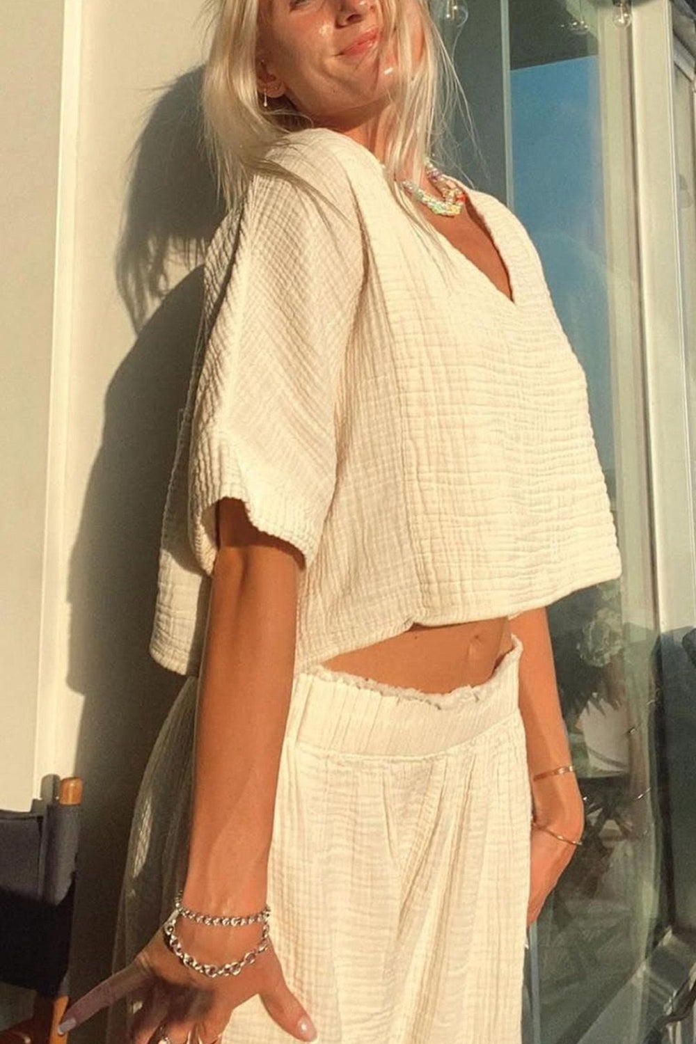 Crinkle Linen V Yaka Bluz - 0
