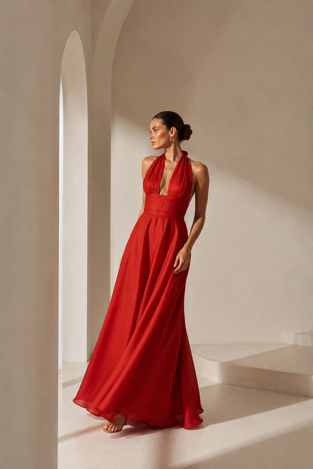 Drape Detaylı Uzun Keten Elbise - 2