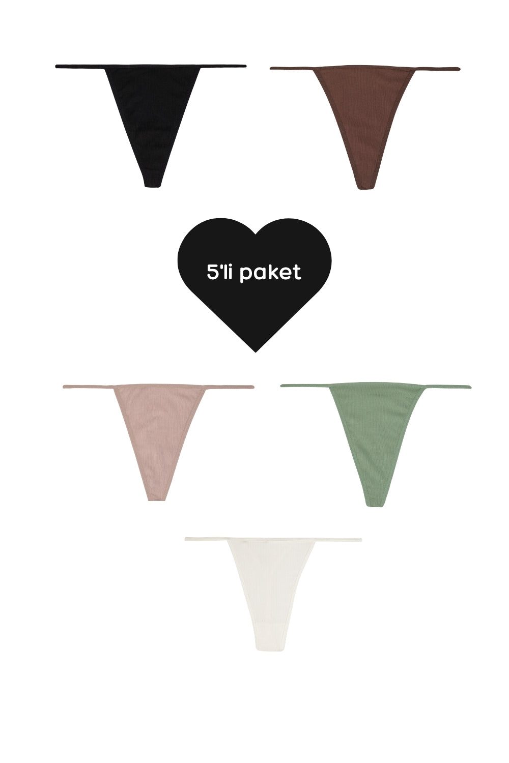 G-String - 5'li Paket - Siyah, Kahverengi, Yeşil, Pudra, Beyaz - 0