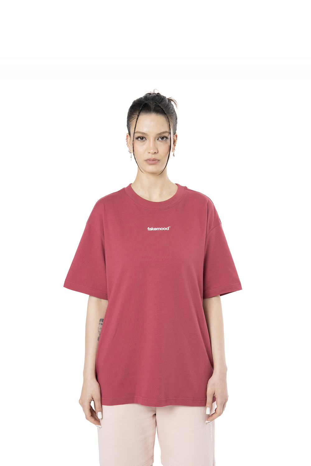 Kadın Oversize Basic Baskılı Tişört - Bordo - 0