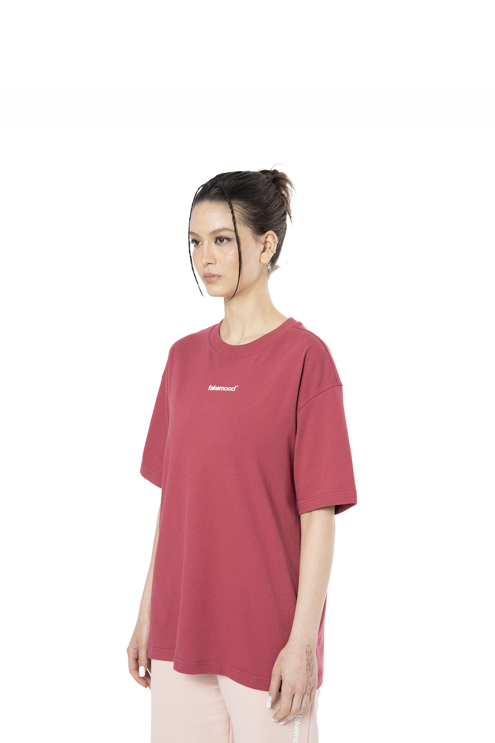 Kadın Oversize Basic Baskılı Tişört - Bordo - 1