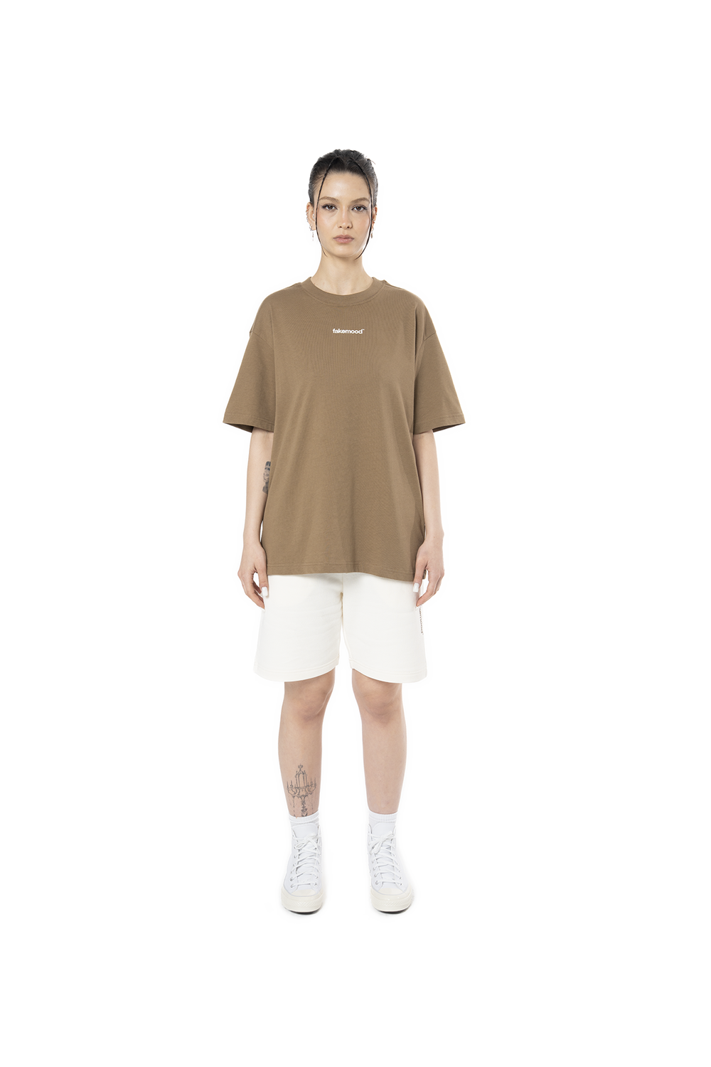 Kadın Oversize Basic Baskılı Tişört - Kahverengi - 0
