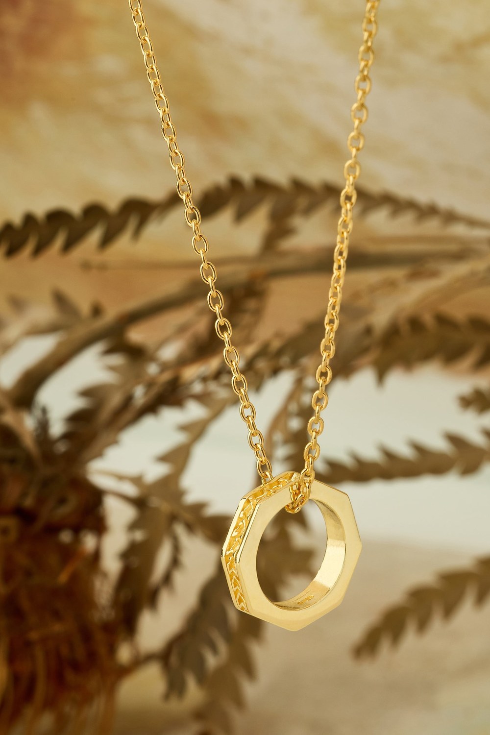 Sekizgen Halka Detaylı Zincir Kolye, Gold - 3
