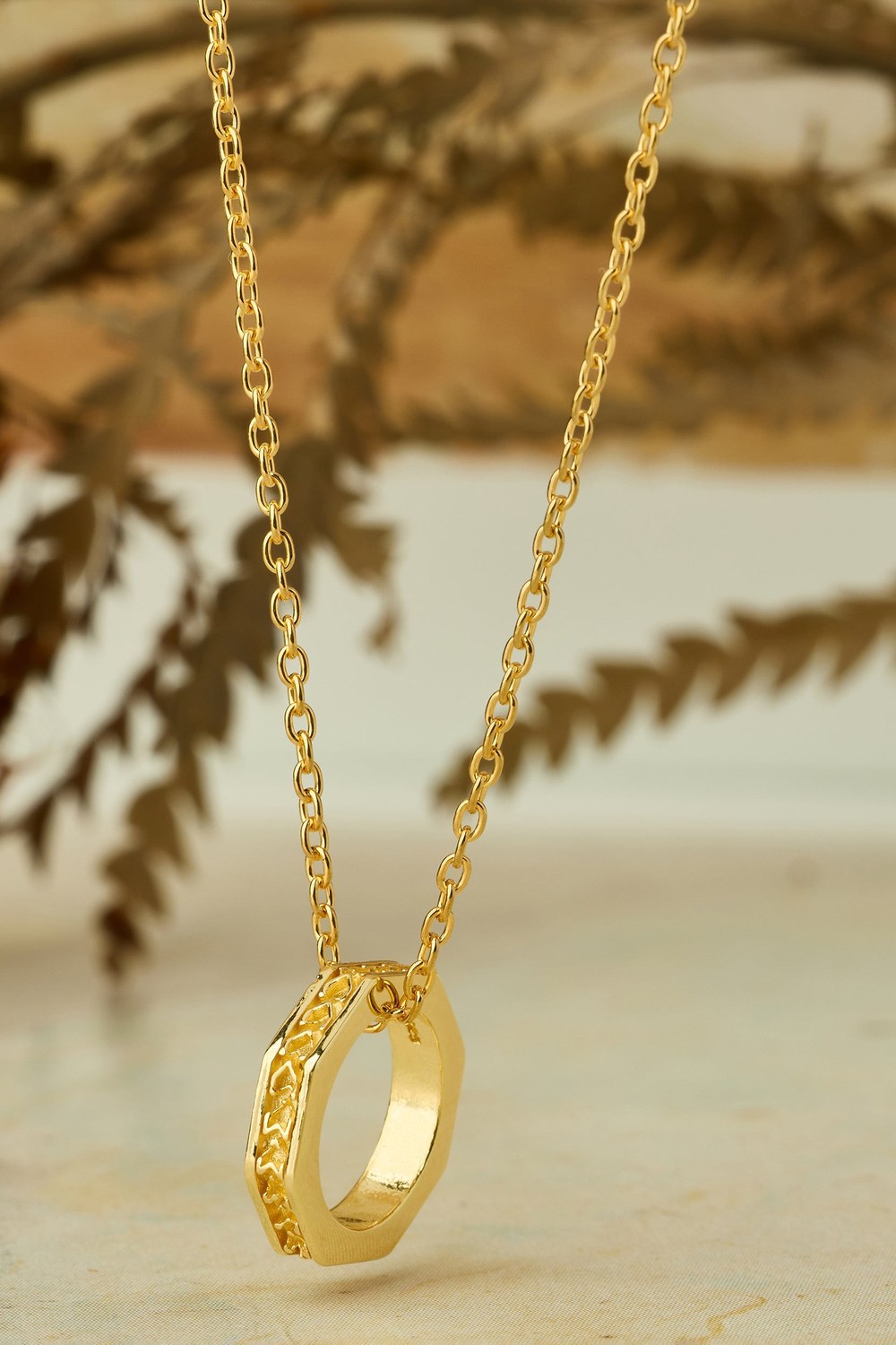 Sekizgen Halka Detaylı Zincir Kolye, Gold - 4