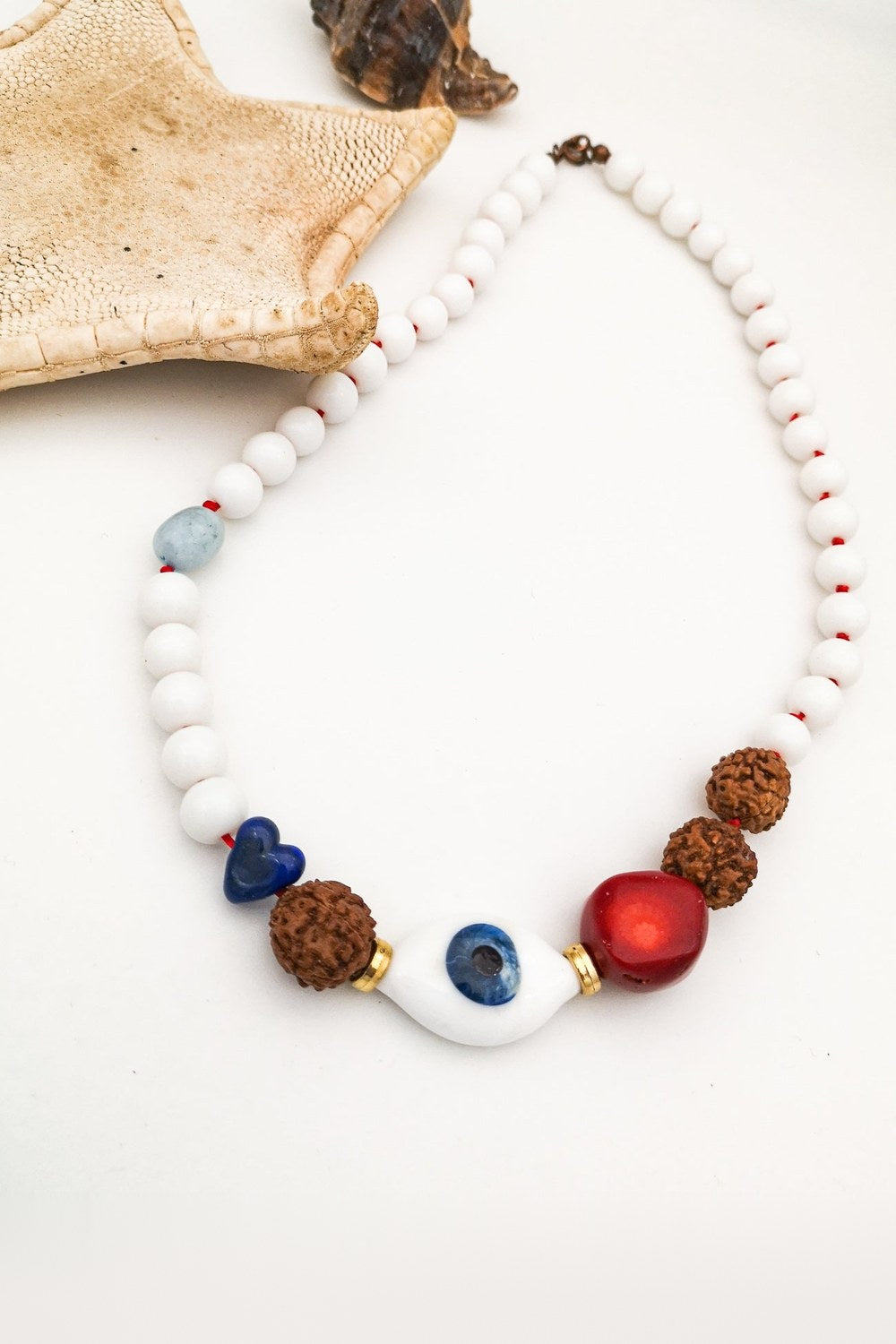 Murano Göz Nazar Mercan Rudraksha Akuamarin Kolye - 1