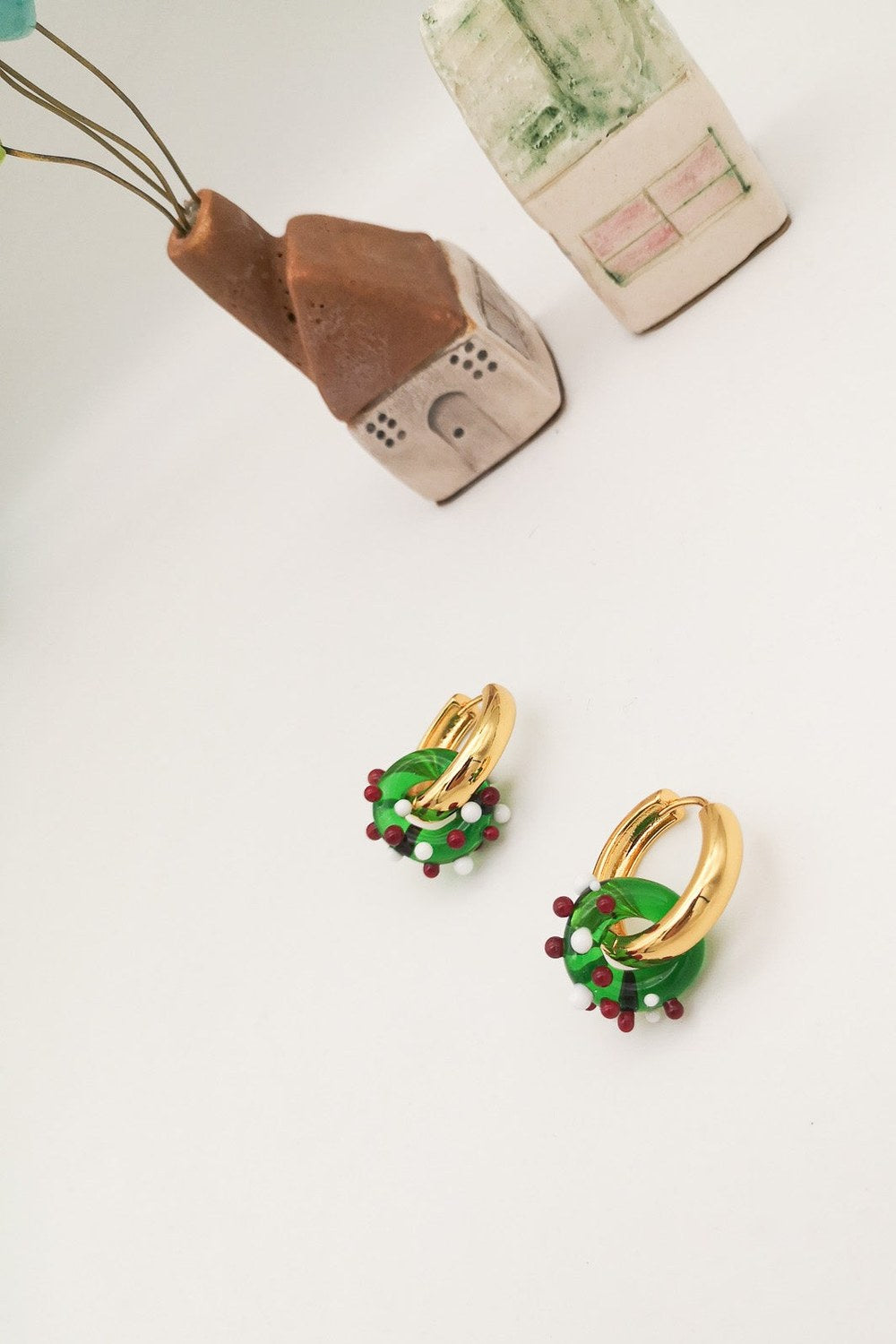 Murano Yeşil Kırmızı Halka Küpe - 2