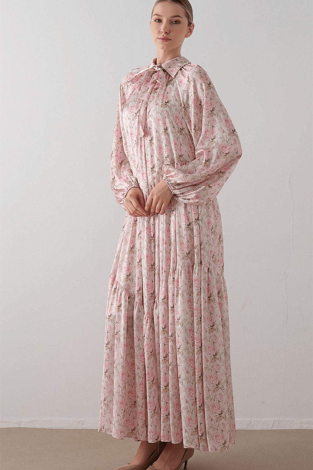 Pudra Yakası Fiyonklu Şifon Saten Elbise - 5