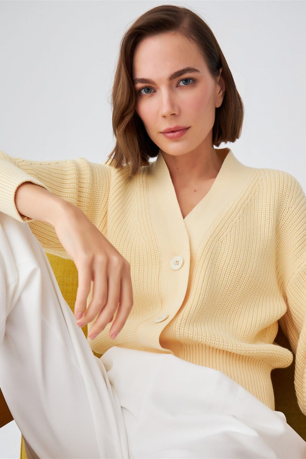Olivia Cardigan Selanik Örgü %100 Pamuk V Yaka Kadın Triko Hırka - Sarı - 2