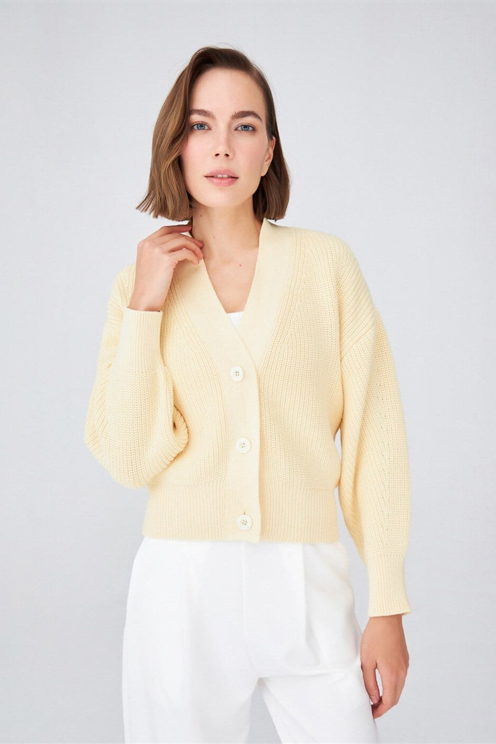Olivia Cardigan Selanik Örgü %100 Pamuk V Yaka Kadın Triko Hırka - Sarı - 3
