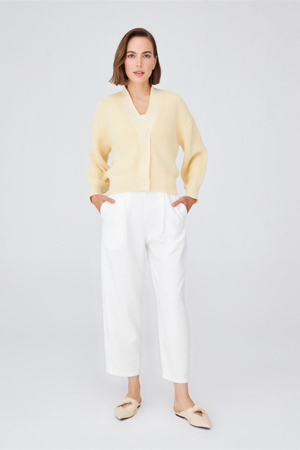 Olivia Cardigan Selanik Örgü %100 Pamuk V Yaka Kadın Triko Hırka - Sarı - 4