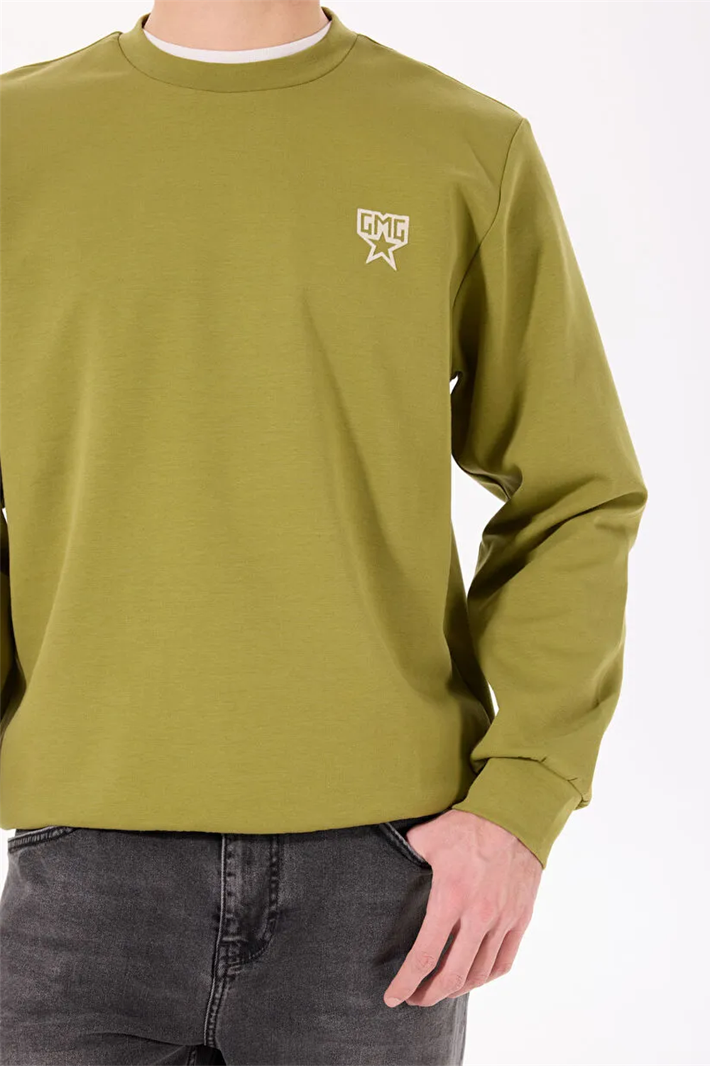 Bisiklet Yaka Sırtı Flok Göğsü Yıldız Baskılı Erkek Sweatshirt - 3