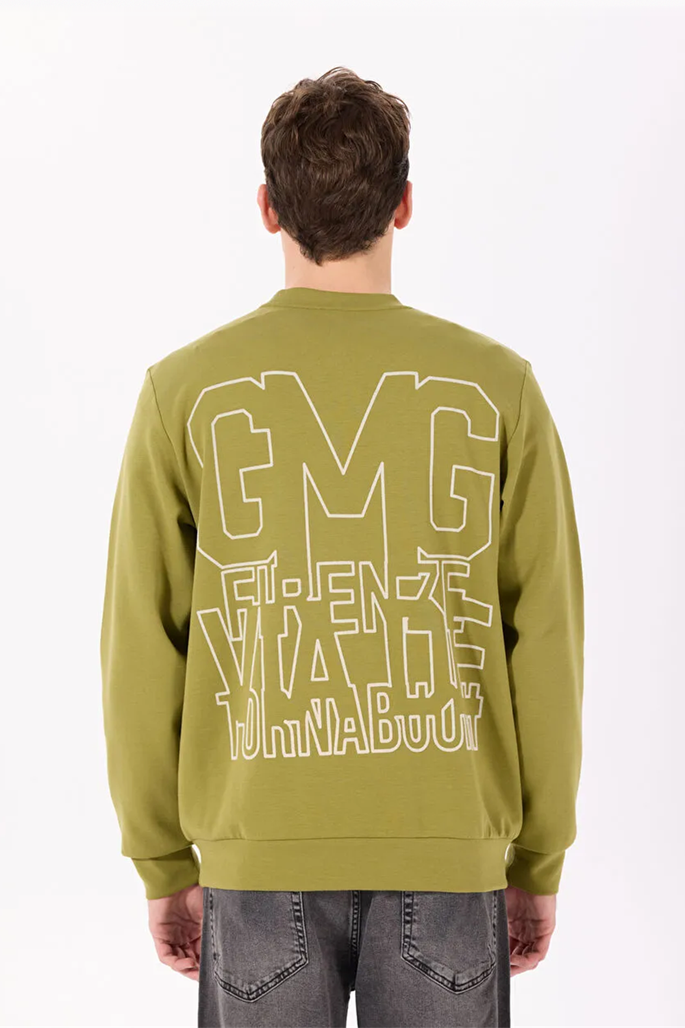 Bisiklet Yaka Sırtı Flok Göğsü Yıldız Baskılı Erkek Sweatshirt - 4