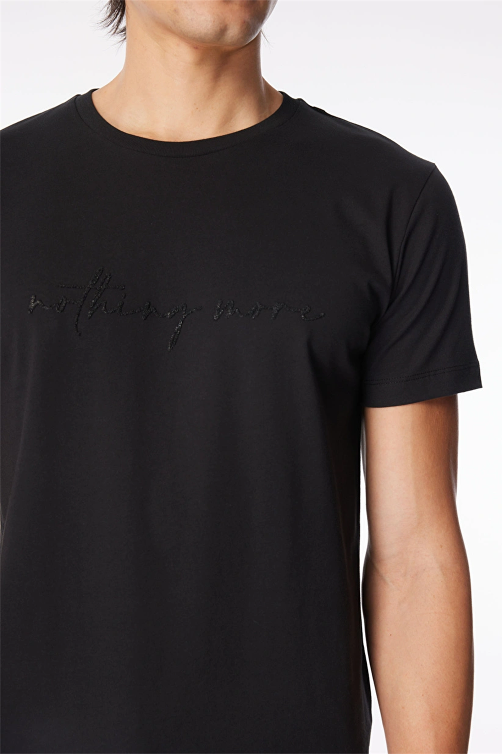 Bisiklet Yaka Önü Taşlı Yazılı %100 Pamuk Slim Fit Erkek T-Shirt - 0