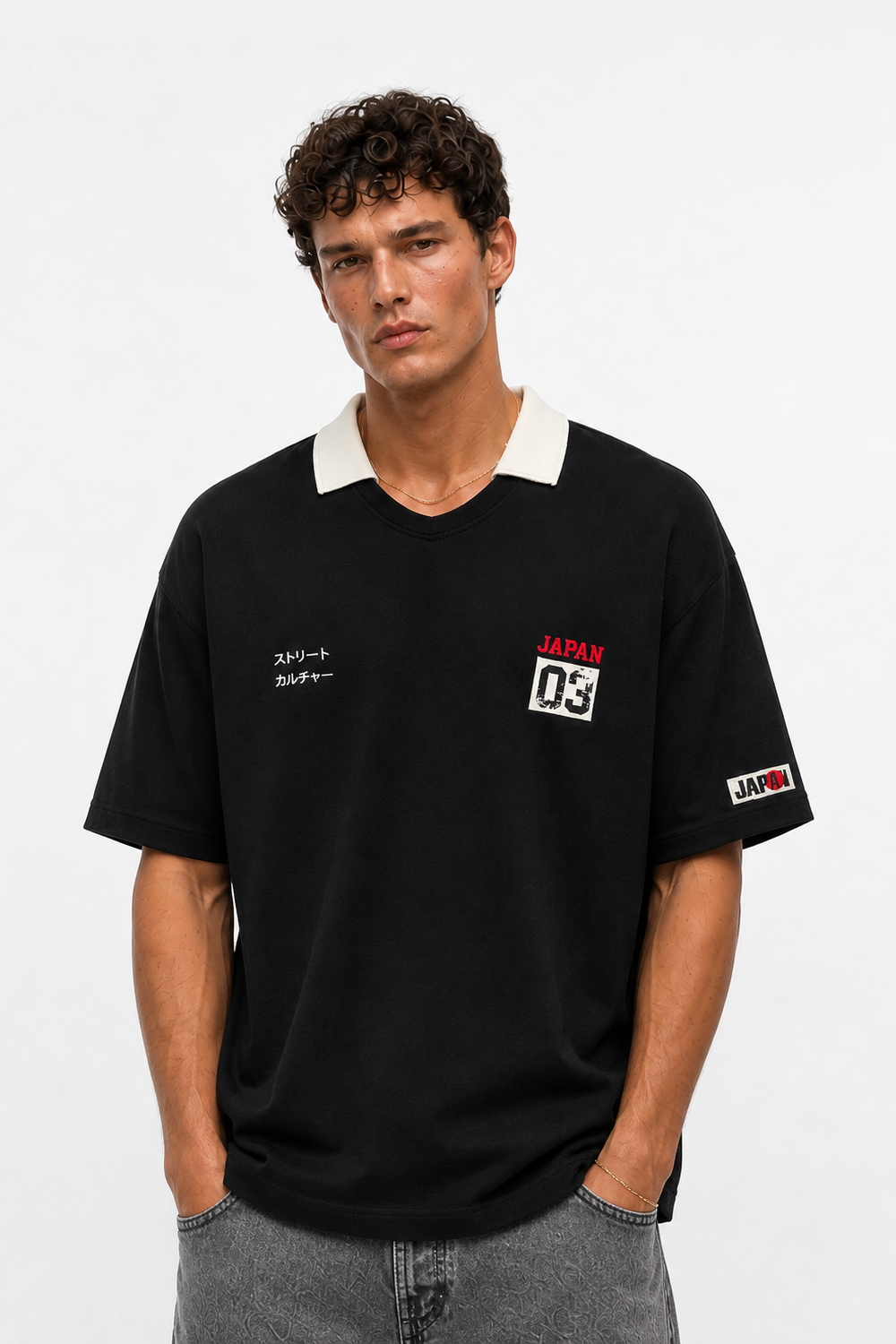 Erkek Yaka Detaylı Oversize T-Shirt Siyah - 0