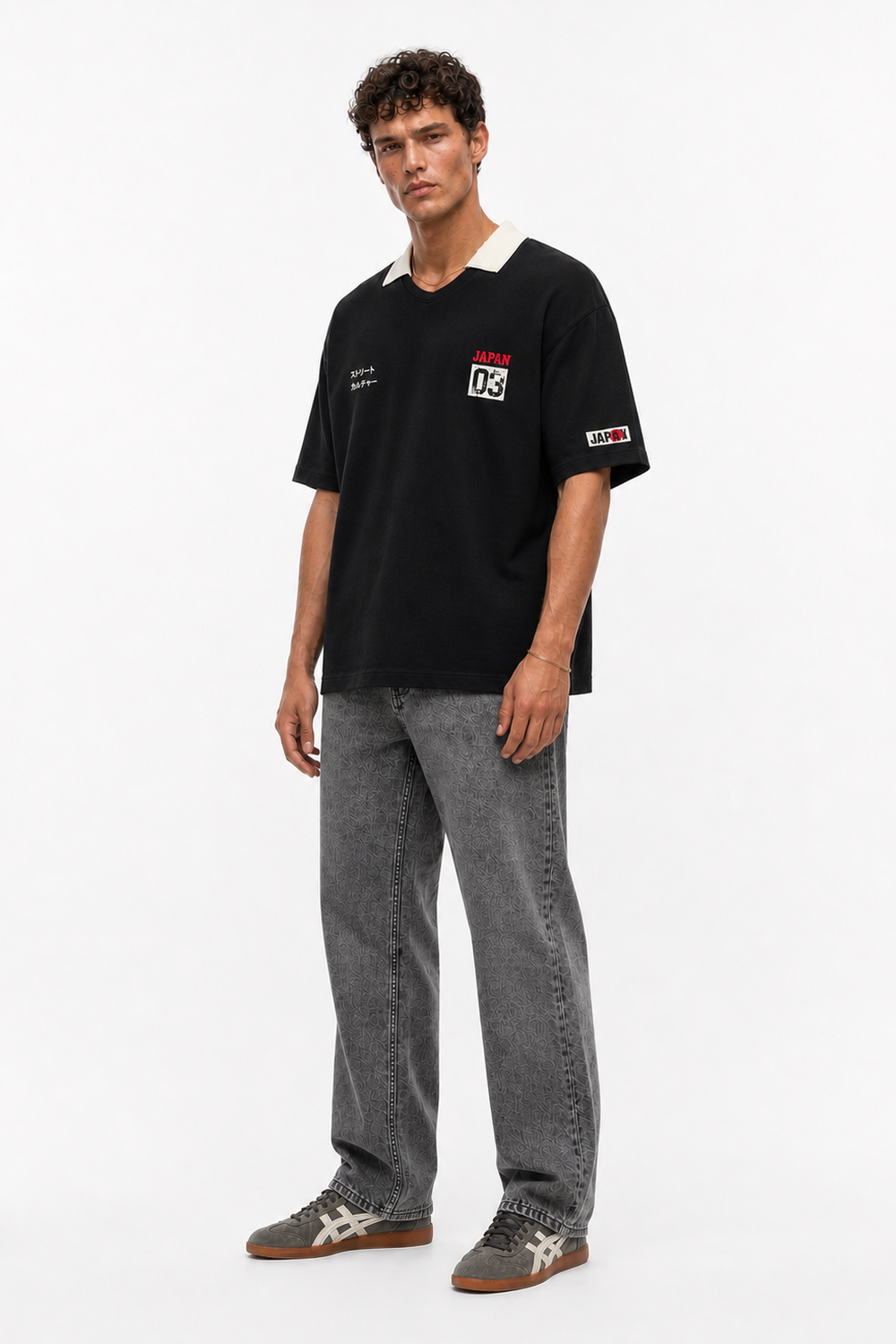 Erkek Yaka Detaylı Oversize T-Shirt Siyah - 2