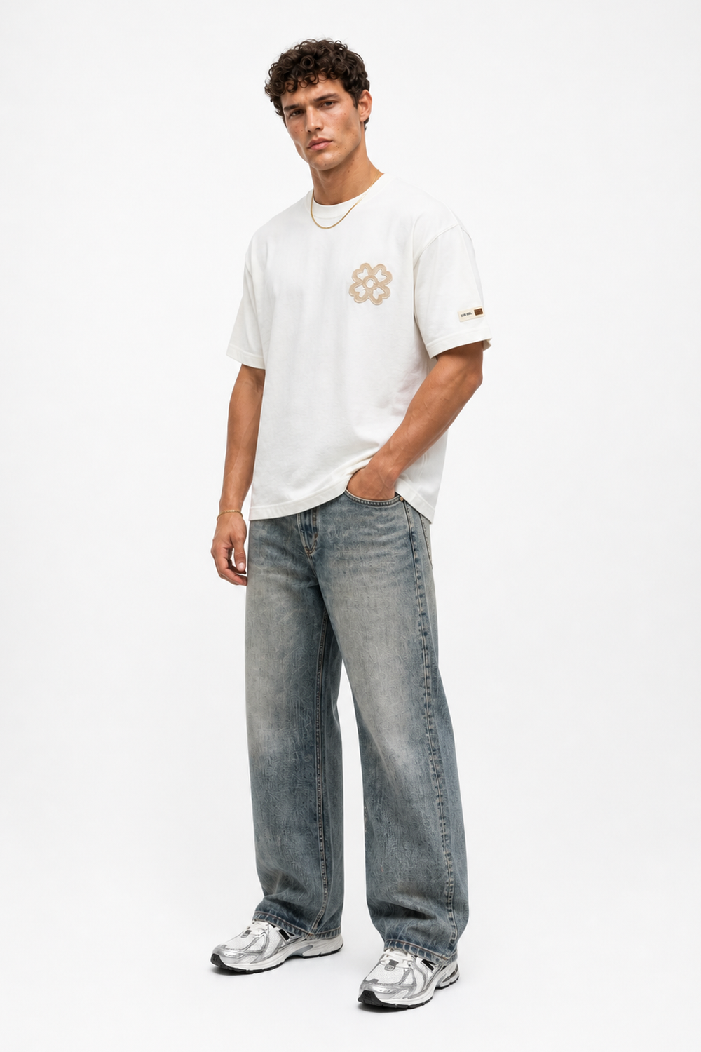Erkek Nakış Detaylı Oversize T-Shirt Ekru - 3