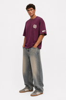 Erkek Nakış Detaylı Oversize T-Shirt Vişne - 4