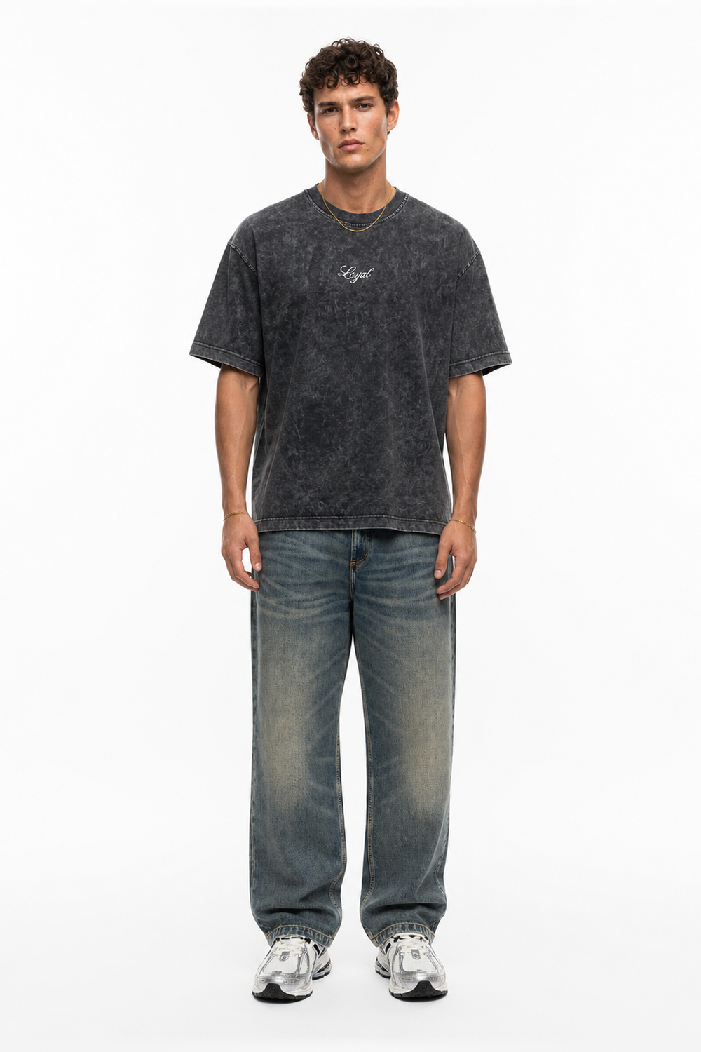 Erkek Nakış Detaylı Yıkamalı Oversize T-Shirt Siyah - 1