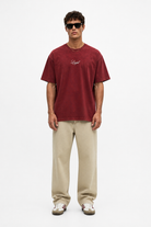 Erkek Nakış Detaylı Yıkamalı Oversize T-Shirt Bordo - 1