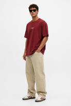 Erkek Nakış Detaylı Yıkamalı Oversize T-Shirt Bordo - 2